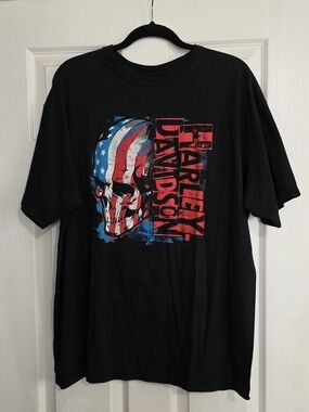 McGrath Harley-Davidson Black Short-Sleeve Tee with American Flag Skull Graphic